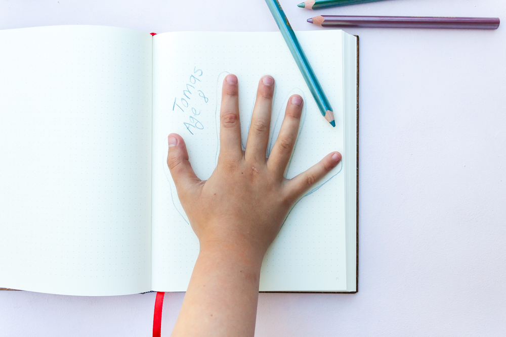 Journalling with kids. Child's hand drawn around 