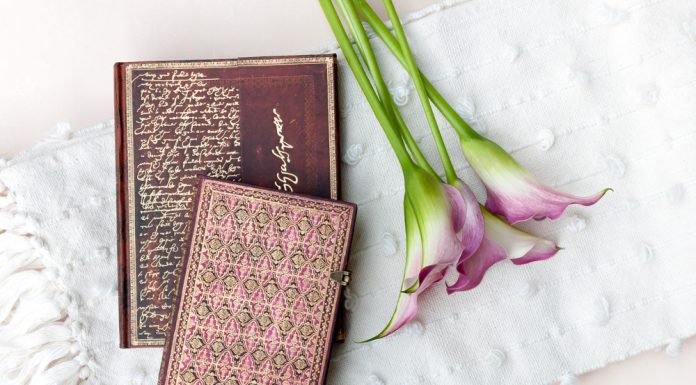 10 Quotes on Journalling That Will Make You Want to Start Writing Paperblanks Shakespeare, Sir Thomas More and River Cascade Alluvium journals with pink flowers on a white blanket.